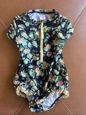 Ruffle Butts Black Floral Zip One-Piece Swimsuit with Yellow & Teal Flowers 4T